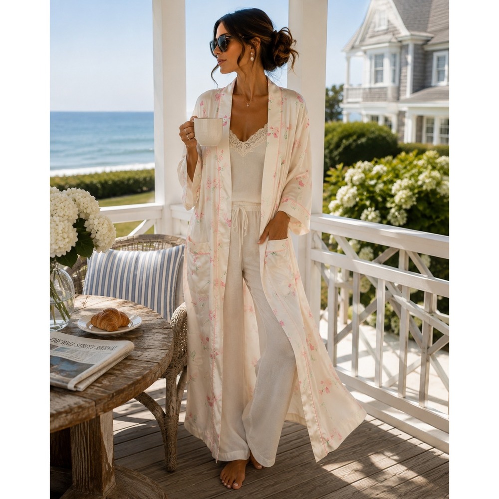 Apostrophe Vintage Floral 100% Cotton Robe Cream Pink Long Wrap Loungewear  L